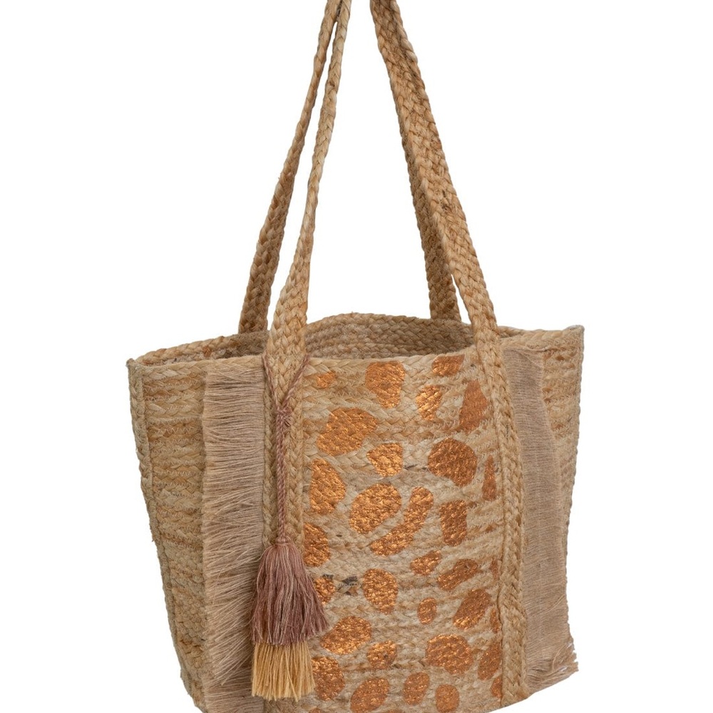 Magid Large Metallic Leopard Print Jute Tote with Fringe Stylish Tan Tote Bag